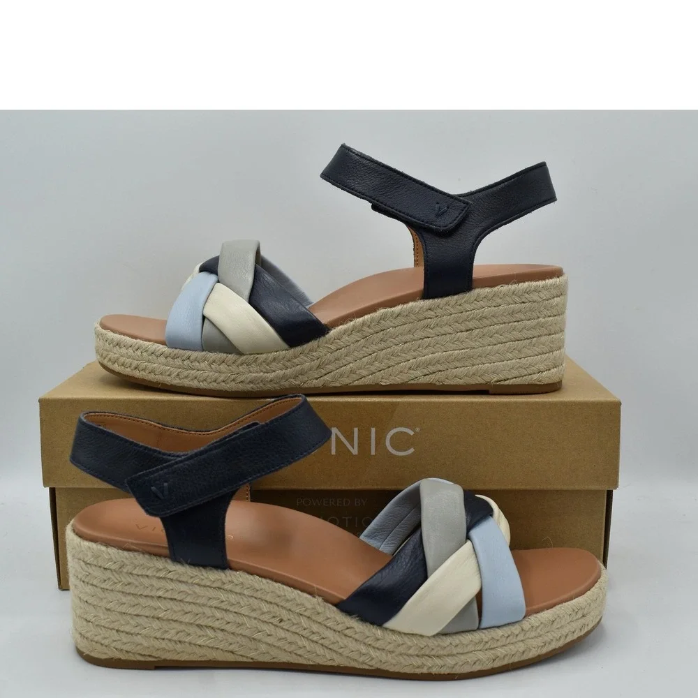 Vionic Women Size 11 Saratoga Navy Multi Leather Wedge Espadrille Sandals Shoes